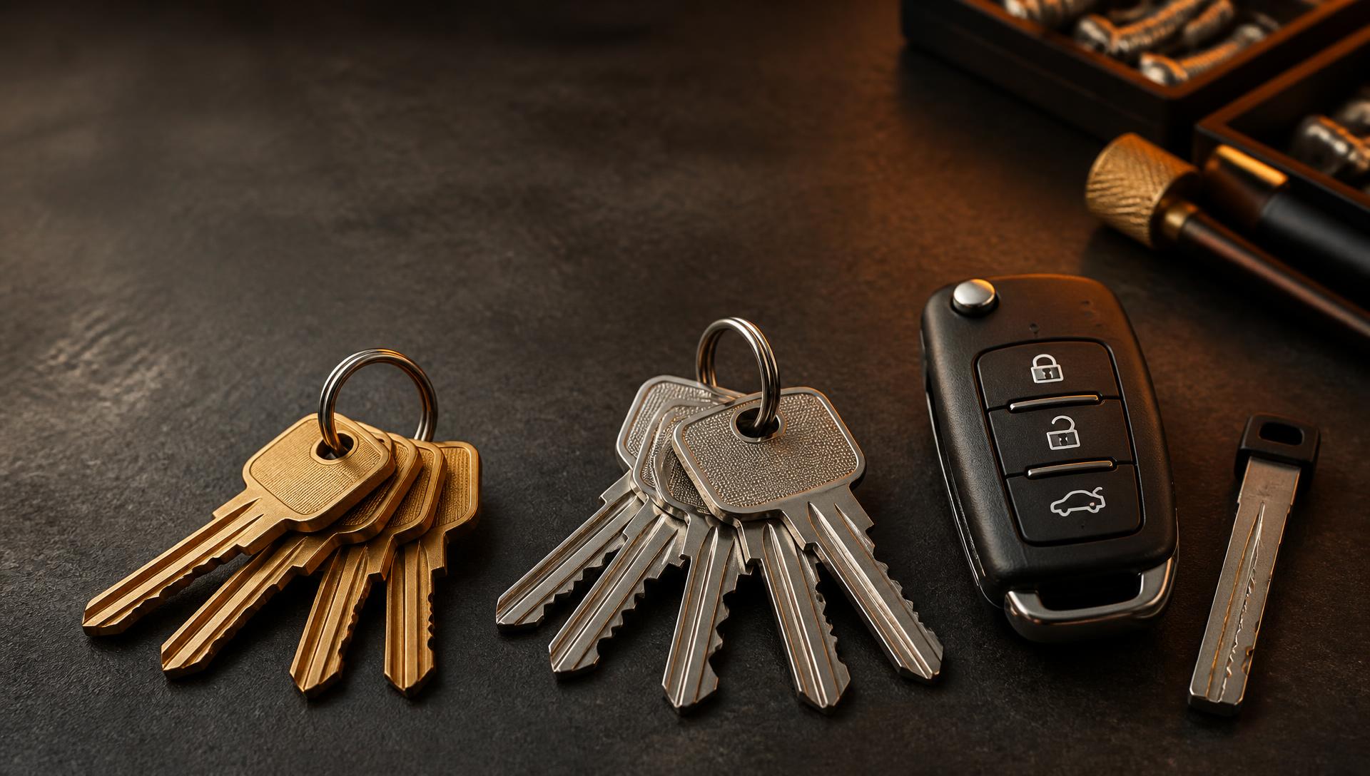 Brass house keys, silver gate keys, a car remote key fob and a laser-cut car key on a locksmith workbench